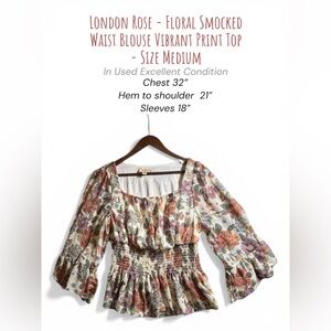 London Rose Floral Smocked Waist Blouse Vibrant Print Top Size Medium